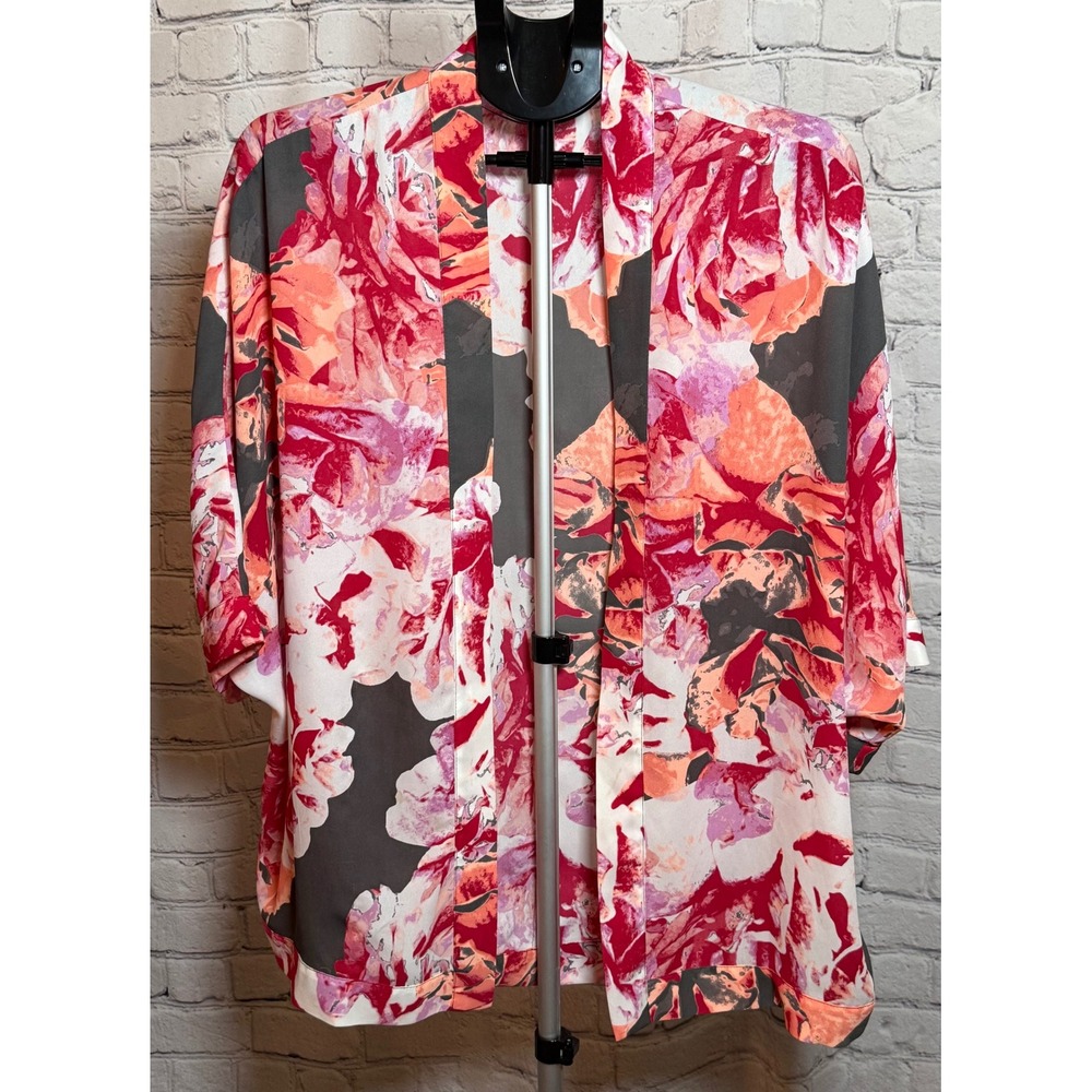 Apt 9 Womens Large Pink Floral Kimono Open Front Cardigan Short Sleeve Topper
